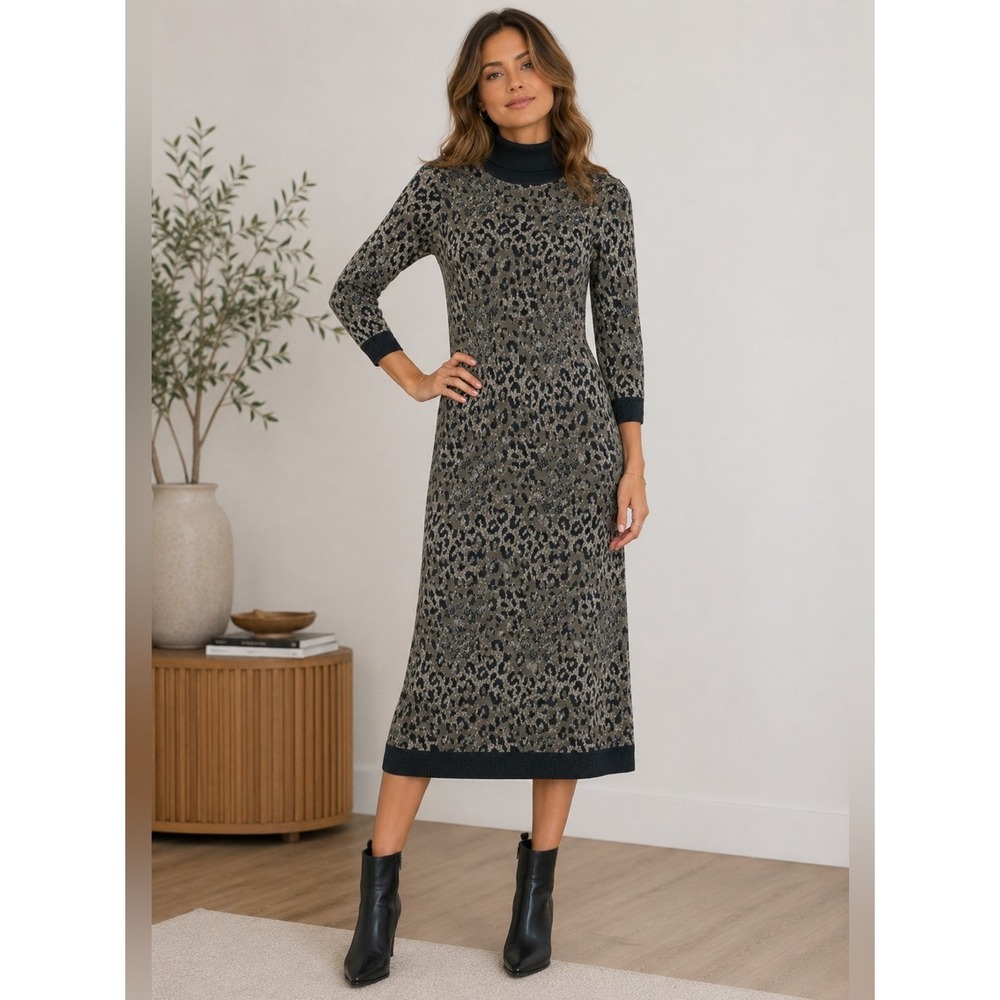 Vintage Worth Sweater Dress Womens XP Grey Leopard Turtleneck Midi 100% Wool